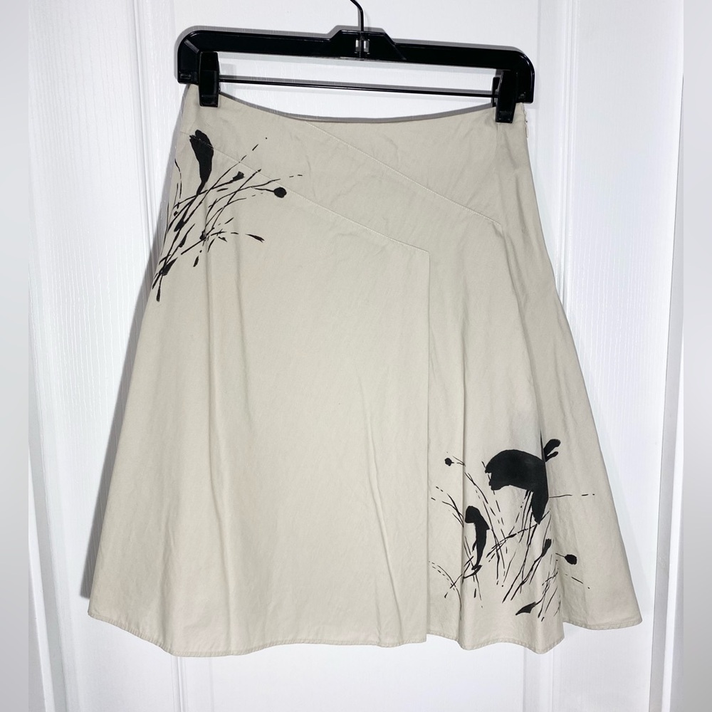 Grace Dane Lewis Artistic Botanical Print A-line Midi Skirt Tan Black 4 Petite